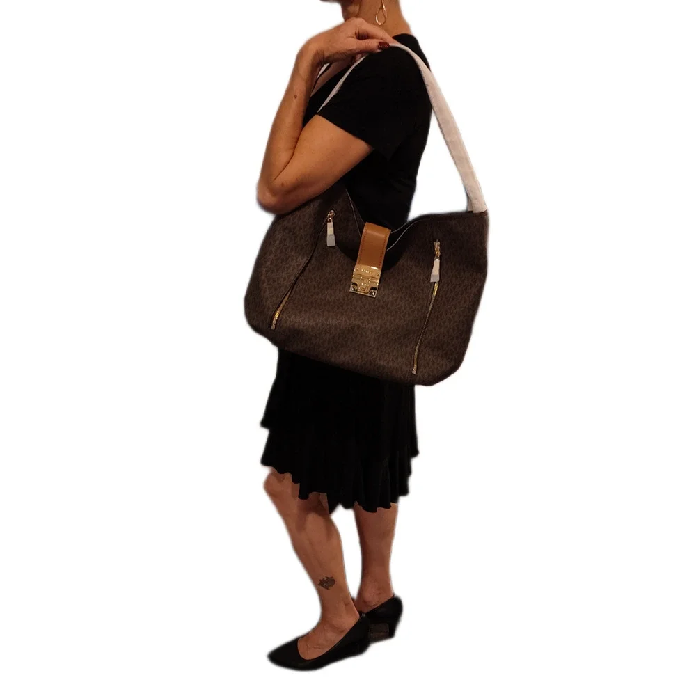 Michael Kors Addie Large Canvas Hobo Signature Shoulder Bag-Brown/Acorn-NWT
